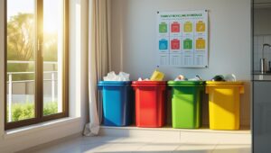 “Cantinho de reciclagem organizado em uma cozinha pequena com lixeiras coloridas e etiquetas visíveis”