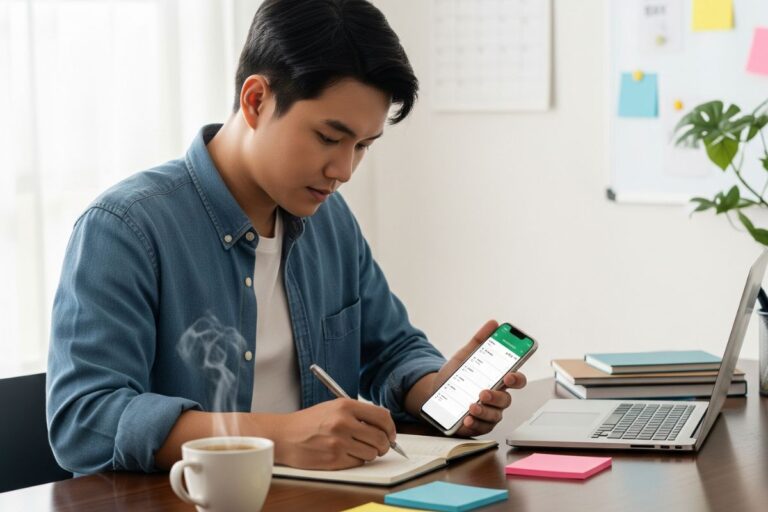“Jovem usando aplicativo de organização no celular enquanto anota em caderno, com notebook e café sobre a mesa”