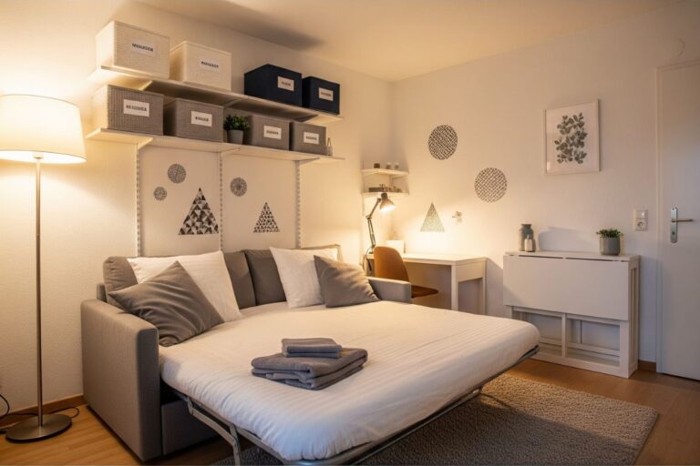 Apartamento moderno alugado com móveis multifuncionais e decoração removível